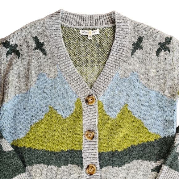 Woven Heart Nature Mountain Scene Soft Wool Blend Knit Cardigan Sweater - Picture 7 of 8